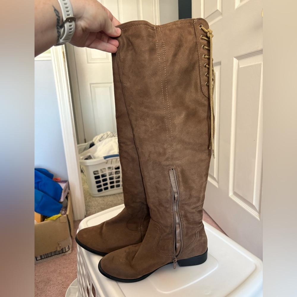 Brown Tall Lace Up Boots – Size 7.5 – Faux Suede Riding Style
